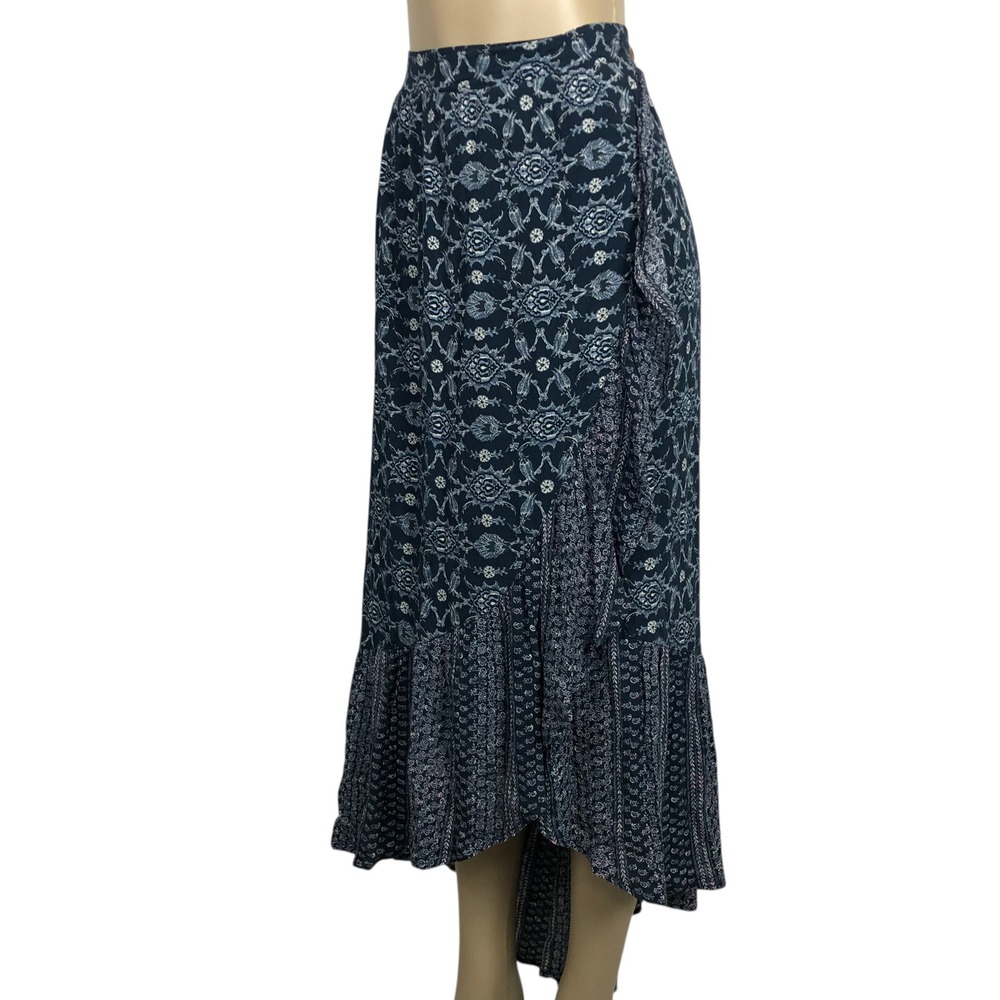 Knox Rose Boho Floral Ruffle High Low Maxi Skirt XXL Festival Hippie Navy Blue - Picture 2 of 12